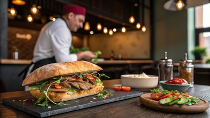 A Delicious Ciabatta Sandwich with Roasted Meat, Fresh Vegetables, and Herbs, Prepared by a Chef in a Restaurant Kitchen