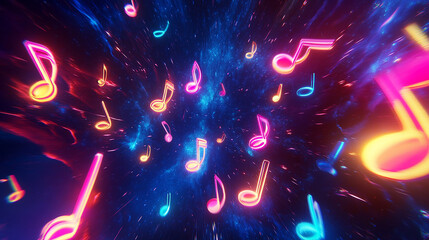 A dynamic abstract scene with glowing 3D music notes ai generated