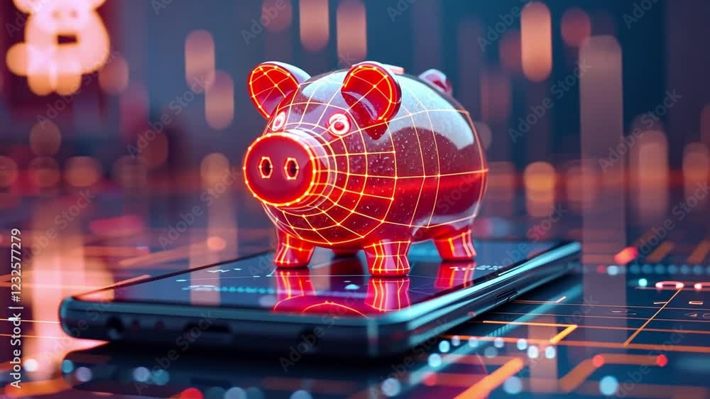 Poster digital piggy bank rests on a smartphone surrounded by glowing circuit patterns in a futuristic envi