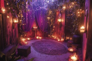 Cozy indoor space decorated with warm lights and candles at night, creating a peaceful atmosphere for relaxation or meditation. Generative AI