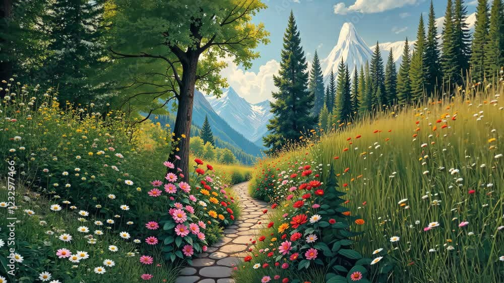 Poster a path through a field of flowers with a tree in the background. the flowers are in various colors i