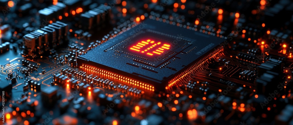 Poster close-up of a computer chip with a glowing red light illuminating its surface and intricate circuitr