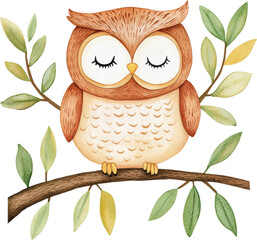 Obraz premium Adorable Watercolor Owl Resting on Branch with Leaves Peaceful Autumn Bird Illustration