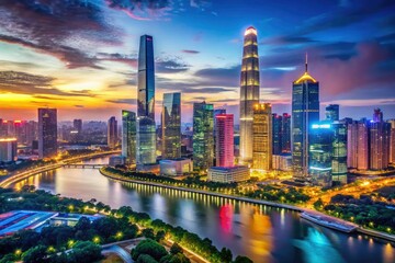 Naklejka premium Modern marvels illuminate Guangzhou's Zhujiang New Town skyline; a breathtaking panoramic night view.
