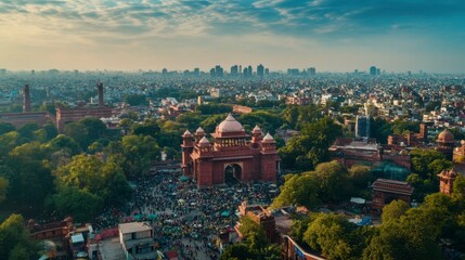 Delhi aerial panorama capturing the busy marketplaces and historical landmarks like the Red Fort