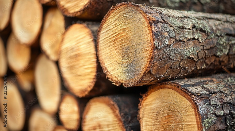 Poster Close-Up View of Freshly Cut Logs Stacked in a Pattern