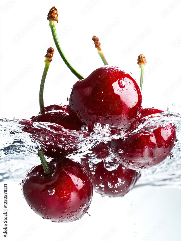 Aufkleber fresh red cherries splash into clear water, creating dynamic waves and emphasizing their vibrant col