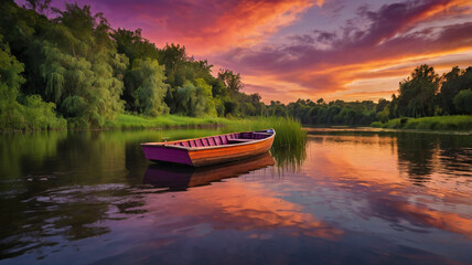 Fototapeta premium Peaceful Sunset on a Serene River with a Rowboat, ai generated