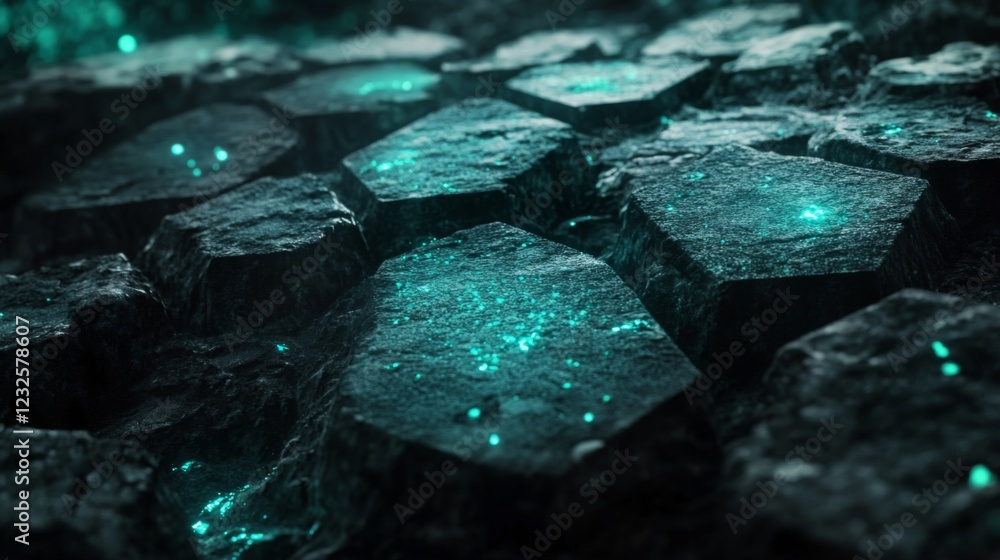 Poster dark hexagonal stone texture with glowing cyan light