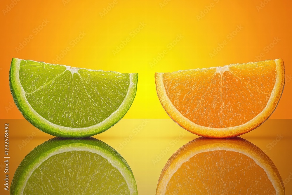 Poster vibrant lime and orange slices reflecting on glossy surface against bright gradient backdrop. genera