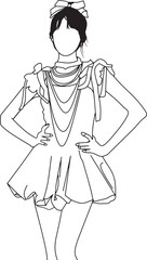 A digital line art illustration depicting a stylized woman wearing a bow and dress. Simple yet elegant in outline style.