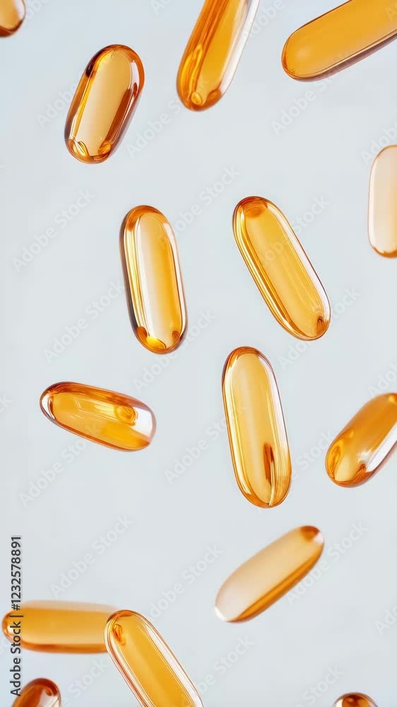 Poster orange gel pills, possibly containing vitamins or supplements, are levitating against a light gray b