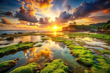 Obraz premium Mossy coral reefs glow at Sawarna's sunrise; vintage Banten beach photography.