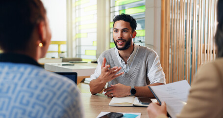 Businessman, intern and meeting with interview for hiring, recruitment or job opportunity at...
