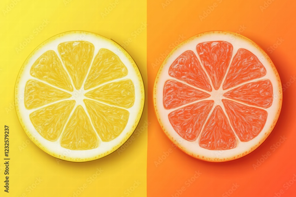 Poster bright yellow lemon and vibrant orange grapefruit halves presented on contrasting backgrounds for a 