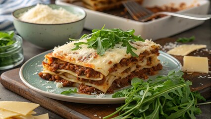 Aromatic Homemade Lasagna, layered with savory meat sauce, delicate pasta sheets, and melted cheese, garnished with fresh arugula