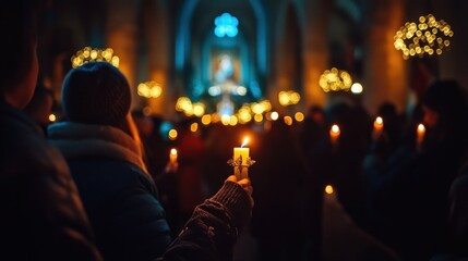 Fototapeta premium A Candlelit Church Service: Peace and Hope