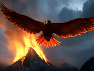 A massive bird with wings of fire, its feathers glowing bright red, soaring over an active volcano.


