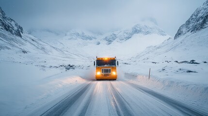 Snowplow clearing mountain road in blizzard