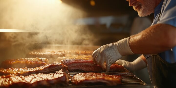 At dawn, a pitmaster checks on a massive offset smoker filled with slow-cooked brisket, ribs, and pulled pork