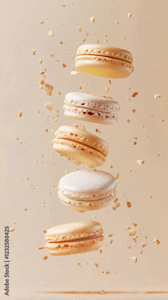 Poster Five macarons are levitating with crumbs on a beige background, creating a visually appealing and tempting scene that evokes the sweet taste and delicate texture of this french pastry