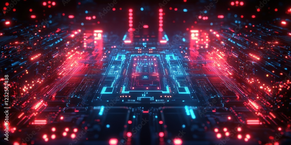 Poster futuristic computer circuit board with red and blue lights glowing in a dark environment