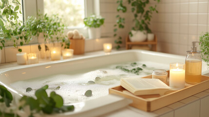 Luxuriöse Badezimmer-Spa-Atmosphäre mit entspannendem Bad, Kerzenlicht und natürlichen Wellness-Elementen. Generative AI KI