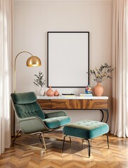 Vertical A4 frame mockup, Living room wall poster mockup design. Interior mockup with home background. Modern cozy interior design.