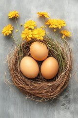 Close-up of a bird's nest with eggs surrounded by yellow flowers on a textured gray background, symbolizing spring and nature