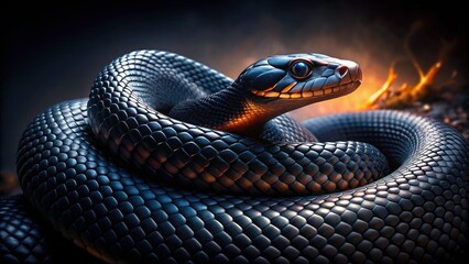 Fototapeta premium Night's dark embrace reveals a creepy black snake, coiled and ominous.