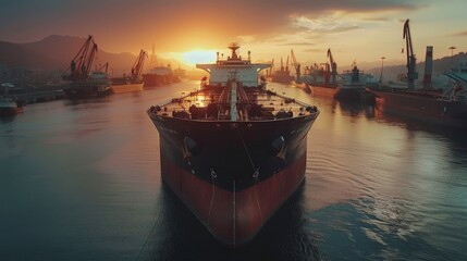 A large cargo ship is anchored in a bustling port as the sun sets, reflecting warm hues across the water. Cranes and other vessels line the harbor amidst a scenic backdrop.