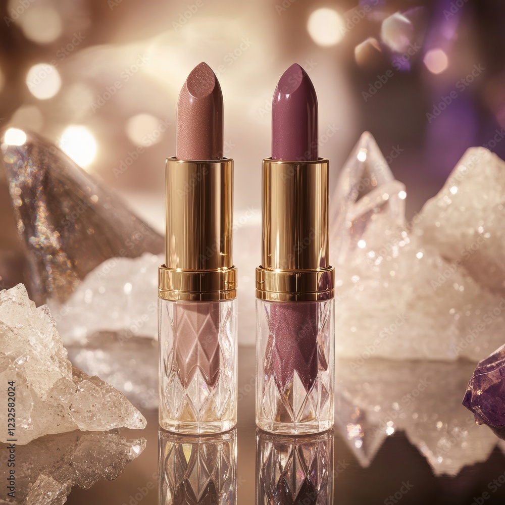 Poster beautifully arranged lipsticks surrounded by crystals in a soft, glowing setting adding elegance to 