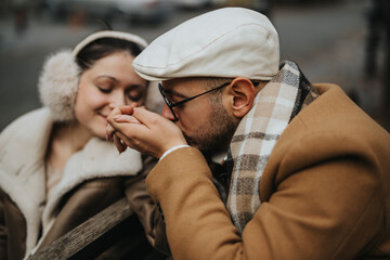 A couple enjoys a tender moment outdoors, dressed warmly in winter coats and accessories. The scenery adds to the intimate, cozy atmosphere, perfect for a winter romance.