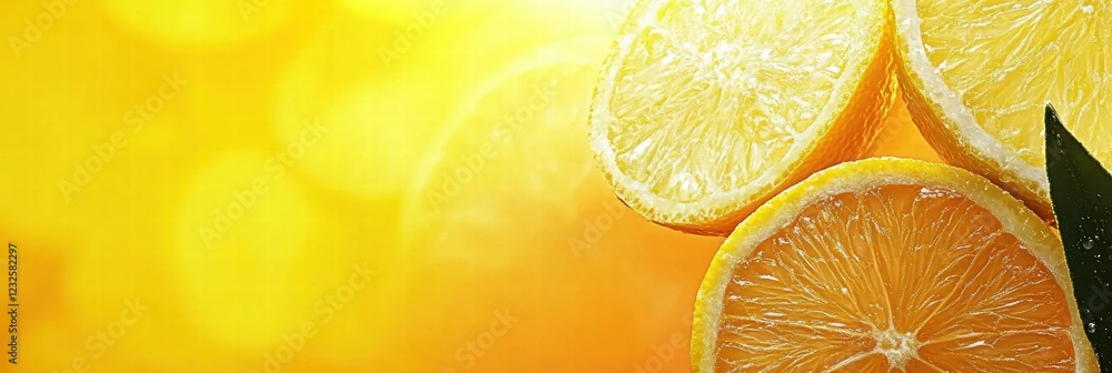 Poster freshly sliced lemons arranged on a vibrant yellow background with soft bokeh effect in natural ligh