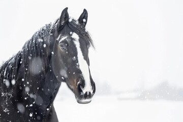 Fototapeta premium Black horse in a snowy landscape gazes calmly during a winter snowfall. Copy space
