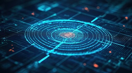 Futuristic Blue Digital Radar Interface with Glowing Lines and Data Points Representing High-Tech Scanning Technology -