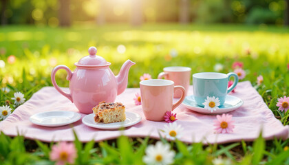 Whimsical toy tea party setup on green grass, cheerful celebration