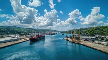 Scenic View of Harbor with Ships and Lush Green Hills Under Clouds