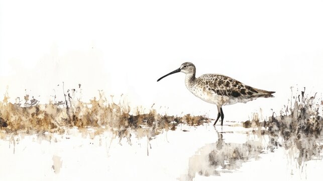 Curlew wading in wetland, nature artwork, wildlife illustration
