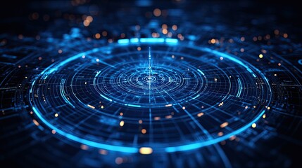 Futuristic Blue Digital Radar Interface with Glowing Lines and Data Points Representing High-Tech Scanning Technology -