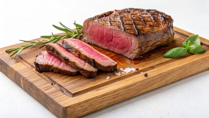 Grilled Steak Slices on Wooden Cutting Board with Herbs and Spices