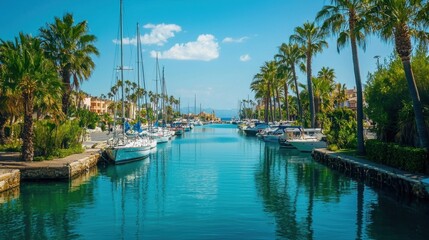 Calm Marina with Palm Trees and Clear Blue Water in Summer Daylight