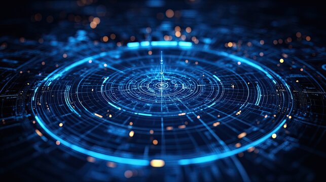Futuristic Blue Digital Radar Interface with Glowing Lines and Data Points Representing High-Tech Scanning Technology - - Powered by Adobe