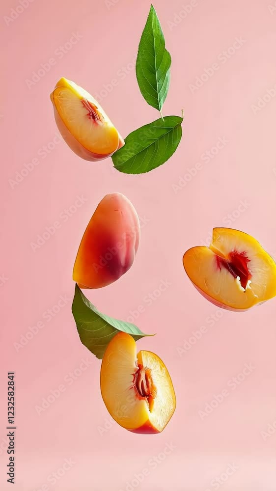 Poster fresh peach slices and green leaves are floating against a vibrant pink backdrop, creating a visuall