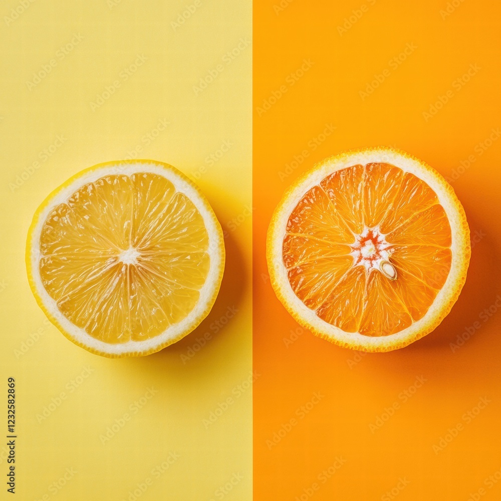 Poster citrus fruits displayed side by side showcasing color differences between lemon and orange on contra