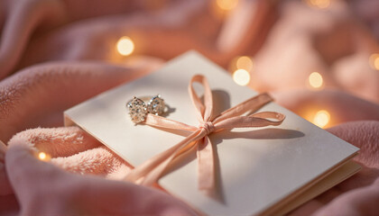 A romantic love letter tied with ribbon next to an engagement ring, intimacy
