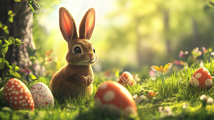 Easter bunny in meadow with colorful eggs
