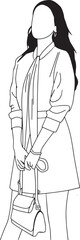 Minimalist outline drawing of a stylish individual holding a fashionable handbag, symbolizing elegance, modern style, and chic fashion. Perfect for lifestyle, fashion design, and creative art themes.