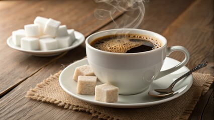 Obraz premium Aromatic hot coffee in a white mug with sugar cubes on a rustic wooden table