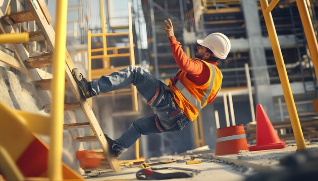 Construction Worker Falling From Ladder During Work